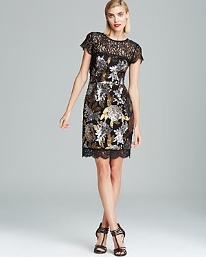 Nicole Miller + Metallic Floral Sequin Dress