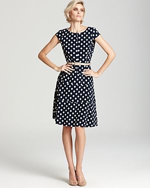 Anne Klein + Cap Sleeve Polka Dot Swing Dress