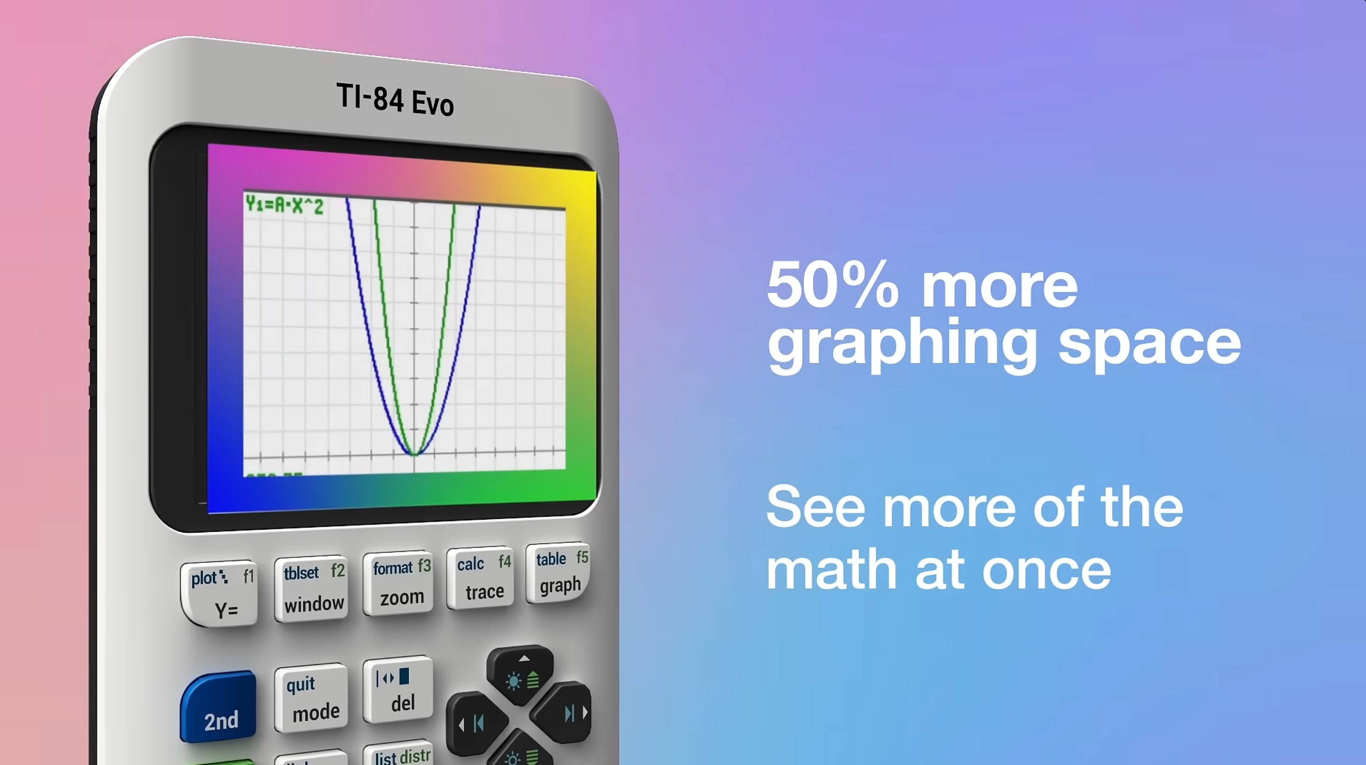 A TI-84 Evo graphing calculator promotional shot, advertising "50% more graphing space" so you can "see more of the math at once."