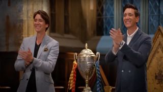 James and Oliver Phelps clapping for the competitive bakers on the Wizards of Baking show.