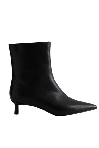 Black Leather Look Pointed Kitten Heel Ankle Boots