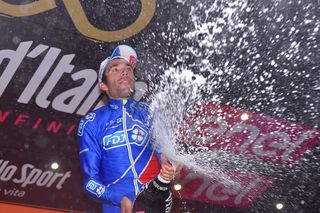 Thibaut Pinot celebrates a stage victory at the Giro d'Italia.