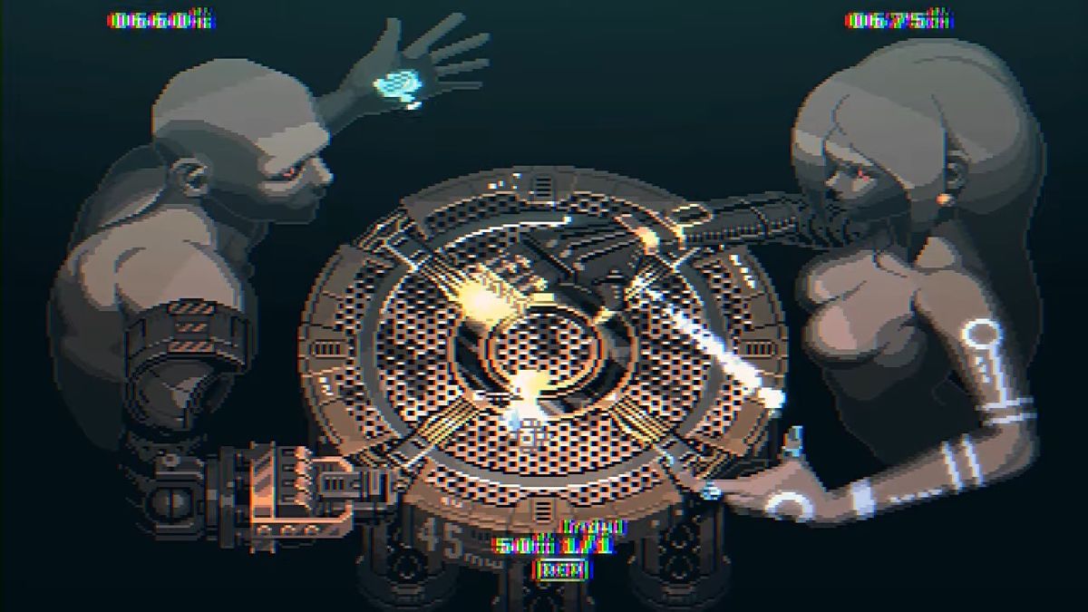 platform floating in darkness winged by two statue creatures masculine and feminine