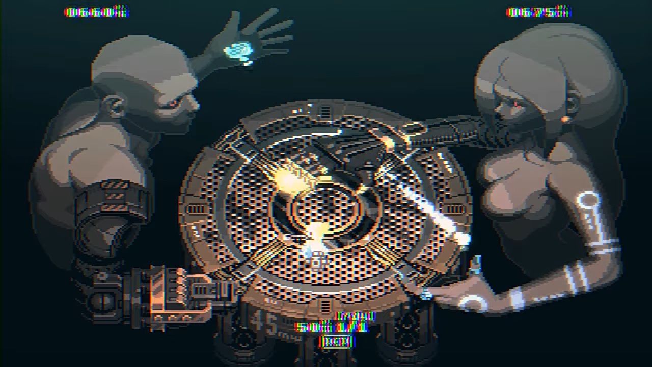 platform floating in darkness winged by two statue creatures masculine and feminine