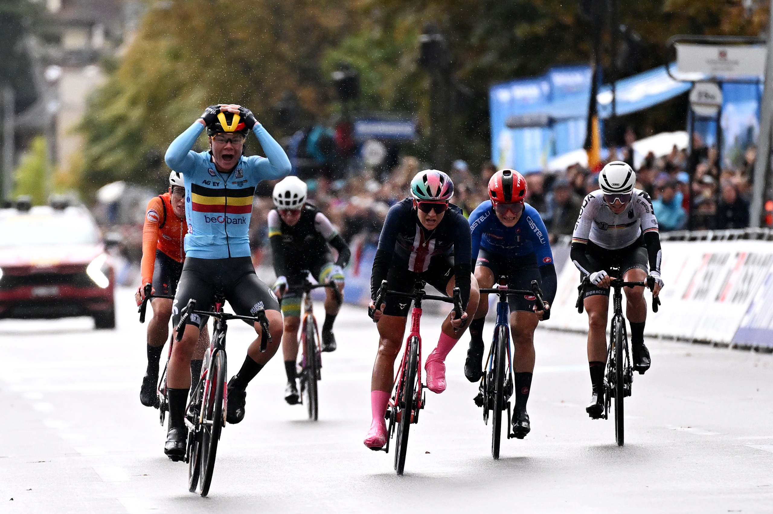 Lotte Kopecky of Team Belgium celebrates at finish line as gold medal winner during the 97th UCI Cycling World Championships in Zurich 2024, (Photo by Tim de Waele/Getty Images)