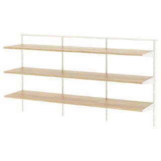 white and oak shelving unit, three shelves with wall brackets 