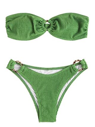 Zaful O Ring Bandeau Bikini Sets for Women Textured Strapless Swimsuits Sexy Leopard Ring High Cut Bathing Suit Green S