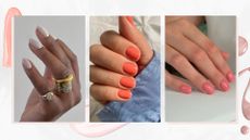 A collage of cloud inspired-nails: on the left, is a hand with a sheer white manicure, created by nail artist, Julia Diogo (@paintedbyjools). In the middle, is a close-up of a hand with peach nails by nail artist, Megan Rose (@gel.bymegan) and finally, on the left, is a hand with a blush-pink manicure by nail artist, Fliss Alton (@gelsbyfliss)/ featured in a white template with pink and coral nail polish spills.