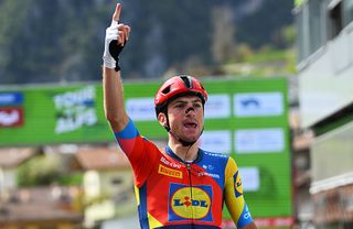 SAN LORENZO DORSINO ITALY APRIL 21 Giulio Ciccone of Italy and Team Lidl Trek celebrates at finish line as stage winner during the 45th Tour of the Alps 2025 Stage 1 a 1485km stage from San Lorenzo Dorsino to San Lorenzo Dorsino 731m UCIWT on April 21 2025 in San Lorenzo Dorsino Italy Photo by Tim de WaeleGetty Images