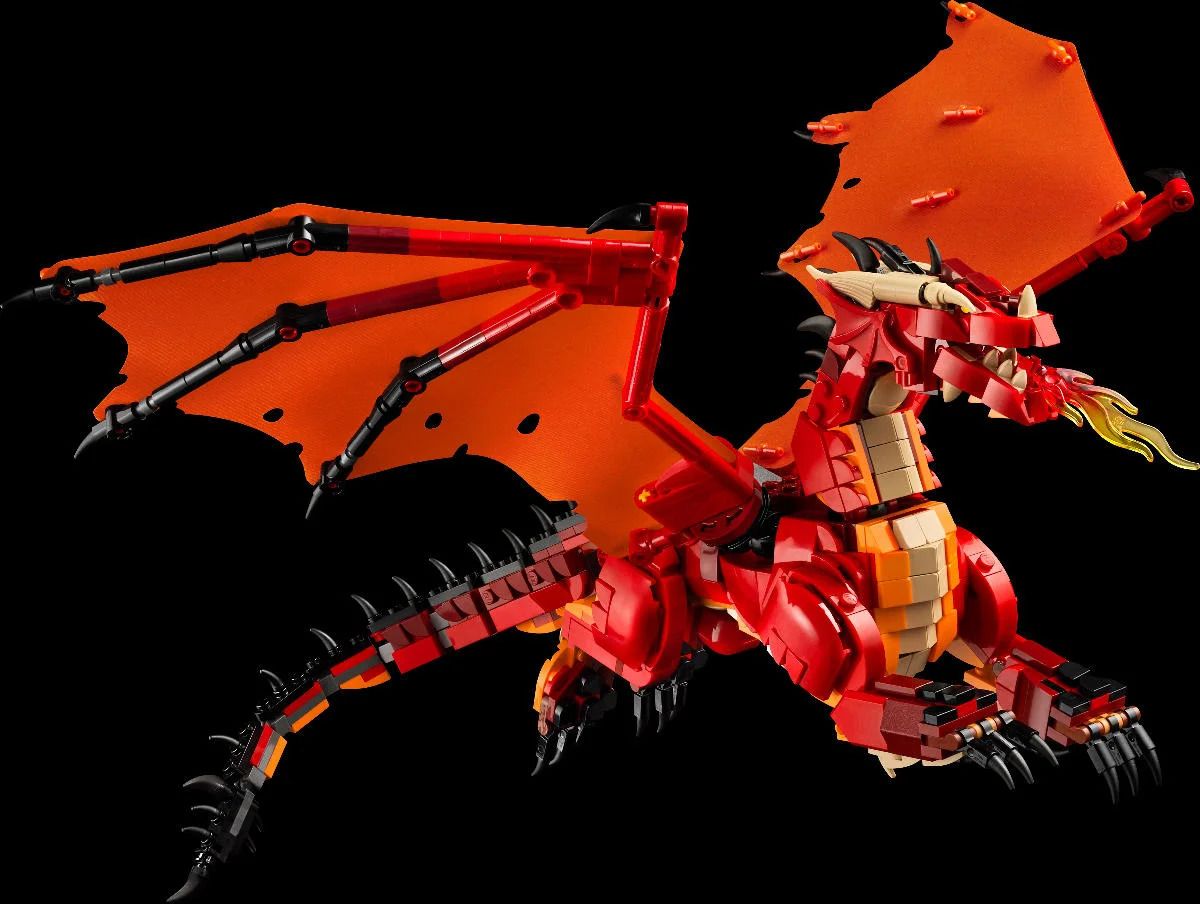Images of the Lego D&amp;D set featuring a red dragon, beholder, and adventurer mini figs in a tavern and tower setting