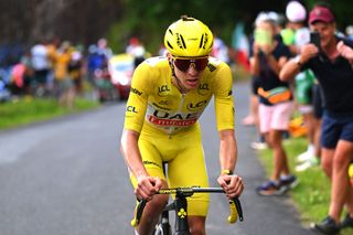 LELIORAN FRANCE JULY 10 Tadej Pogacar of Slovenia and UAE Team Emirates Yellow Leader Jersey competes in the breakaway during the 111th Tour de France 2024 Stage 11 a 211km stage from EvauxlesBains to Le Lioran 1239m UCIWT on July 10 2024 in Le Lioran France Photo by Tim de WaeleGetty Images