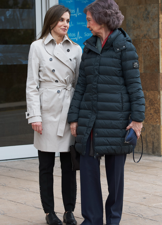 Queen Letizia of Spain (L) and Queen Sofia (R) visit King Juan Carlos at La Moraleja Hospital on April 7, 2018 in Madrid, Spain. King Juan Carlos has been surgery on his right knee to replace an old prosthesis