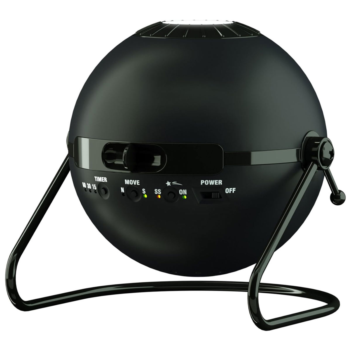 A Black Spherical projector is showing numerous buttons across its centre and is on a black-legged stand, on a white background