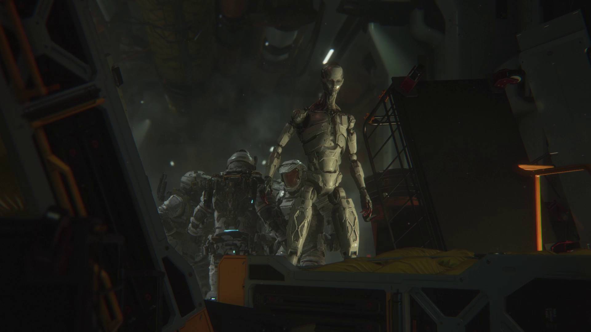 Pragmata Hugh and the crew and a humanoid robot clearing a path