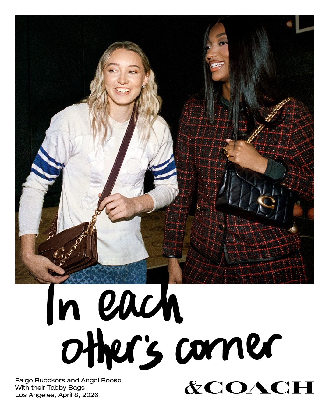 Paige Bueckers wearing a white long-sleeve shirt and a brown crossbody Coach Tabby bag and Angel Reese wearing a red tweed skirt suit and a black and gold leather Coach bag