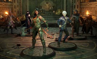 Digital models of Karlach, Astarion, and other adventurers stand in a dungeon in D&D Project Sigil