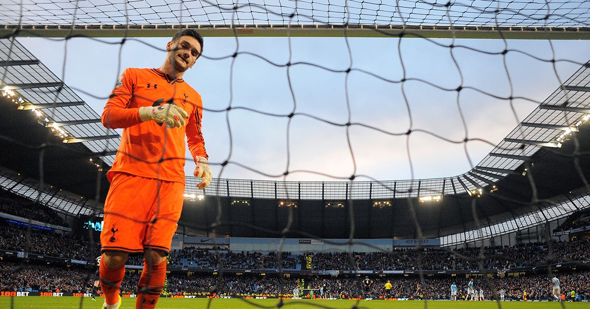 Tottenham Hotspur&#039;s French goalkeeper Hugo Lloris reacts after the sixth goal during the English Premier League football match between Manchester City and Tottenham Hotspur at The Etihad stadium in Manchester, north-west England on November 24, 2013. Manchester City won the match 6-0.