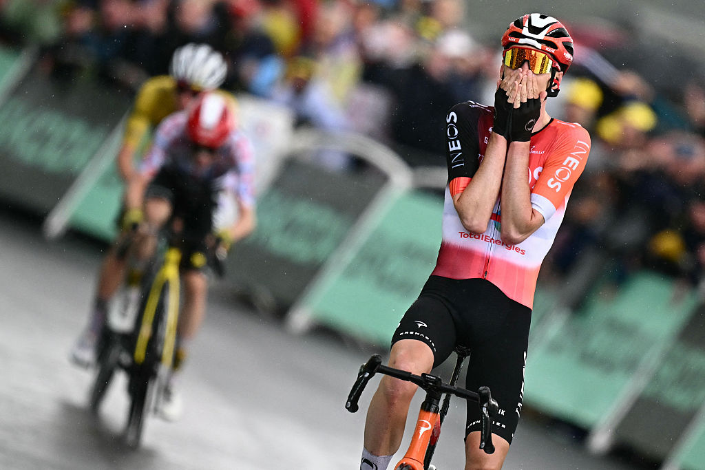 INEOS Grenadiers team&#039;s Dutch rider Thymen Arensman reacts as he cycles to the finish line to win ahead of Team Visma - Lease a bike team&#039;s Danish rider Jonas Vingegaard placing second and UAE Team Emirates - XRG team&#039;s Slovenian rider Tadej Pogacar placing third in the 19th stage of the 112th edition of the Tour de France cycling race, 93.1 km between Albertville and La Plagne, in the French Alps, on July 25, 2025. The 19th stage of the Tour de France was shorted from its initial 129.9 km route, bypassing the Col des Saisies where an outbreak of nodular dermatitis in a herd of cattle was discovered, prompting organizers to modify the race route. (Photo by Loic VENANCE / AFP) (Photo by LOIC VENANCE/AFP via Getty Images)