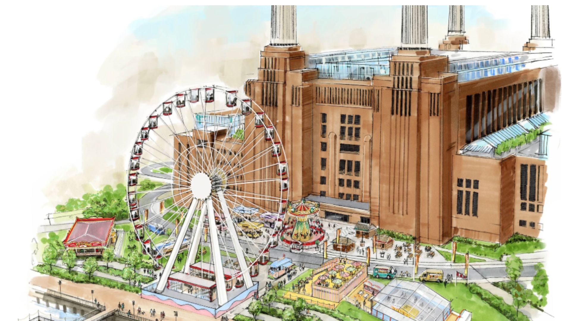 an artist rendering of the new Electric Summer funfair at Battersea Power Station