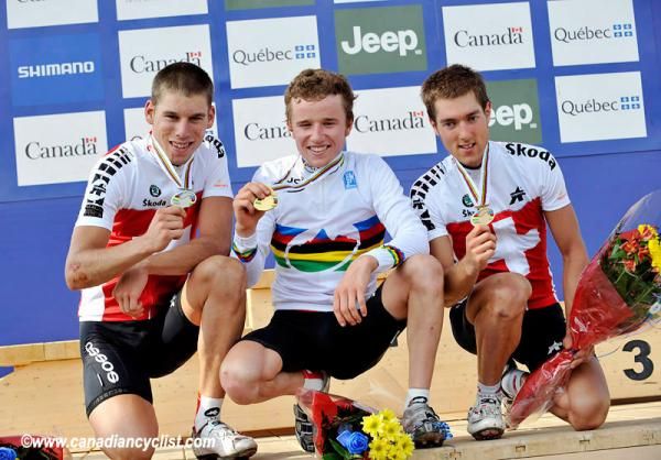 Under 23 men's cross country worlds podium: Thomas Litscher (Switzerland) in second, Mathias Fl&uuml;ckiger (Switzerland) in first, Patrik Gallati (Switzerland) in third