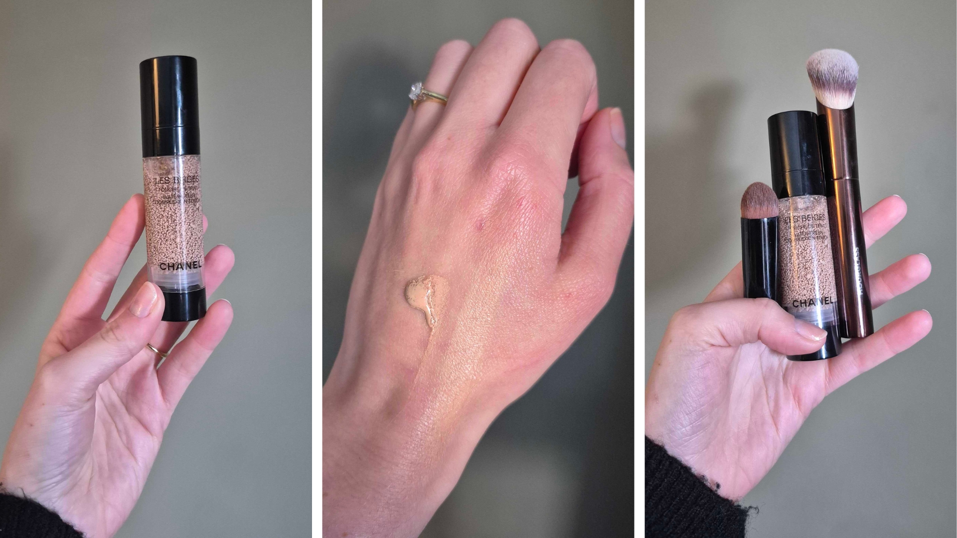 On the left, is a picture of Digital Beauty Writer, Naomi Jamieson's hand seen holding a bottle of the Chanel Les Beiges Water-Fresh Complexion Touch, alongside a picture of one pump of the product on the back of Naomi's hand, half of which has been spread with a foundation brush and finally, on the right, is a picture of Naomi's hand holding the Chanel Les Beiges Water-Fresh Complexion Touch and its accompanying brush, and her preferred Hourglass foundation brush/ all taken in front of a dark green background