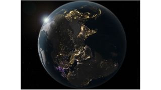 A nighttime view of Earth, based on images from Earth-monitoring satellites.