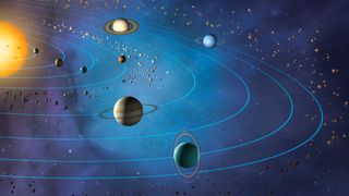 Artwork showing the planets orbiting the sun (from inner to outer): Mercury, Venus, Earth, Mars, Jupiter, Saturn, Uranus and Neptune.
