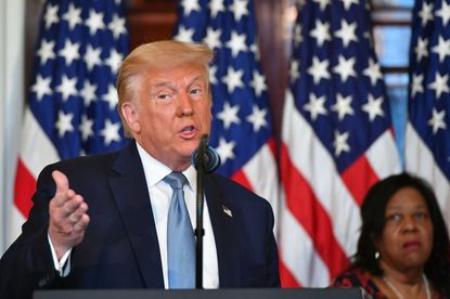 US President Donald Trump speaks as he takes part in the signing of a proclamation on the 100th anniversary of the ratification of the 19th Amendment during an event in the Blue Room of the W