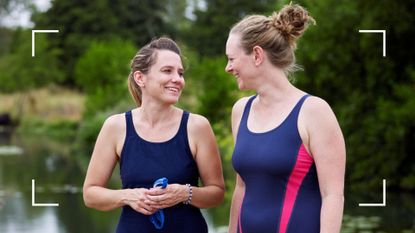 Two women at an outdoor pool learning how to learn to swim as an adult