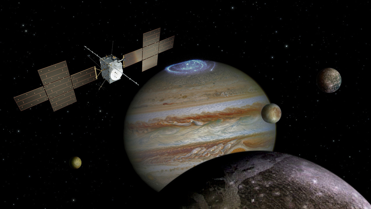 An artist's depiction of the JUICE spacecraft traveling through the Jupiter system.
