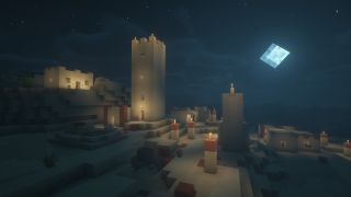 Minecraft shaders - a desert village at night, slightly foggy
