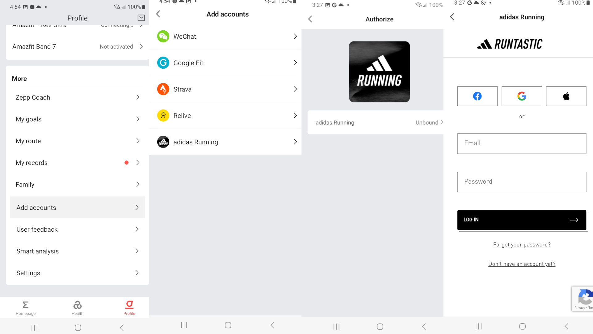 Ekrano kopijos, rodančios, kaip sinchronizuoti Amazfit duomenis su Adidas Running