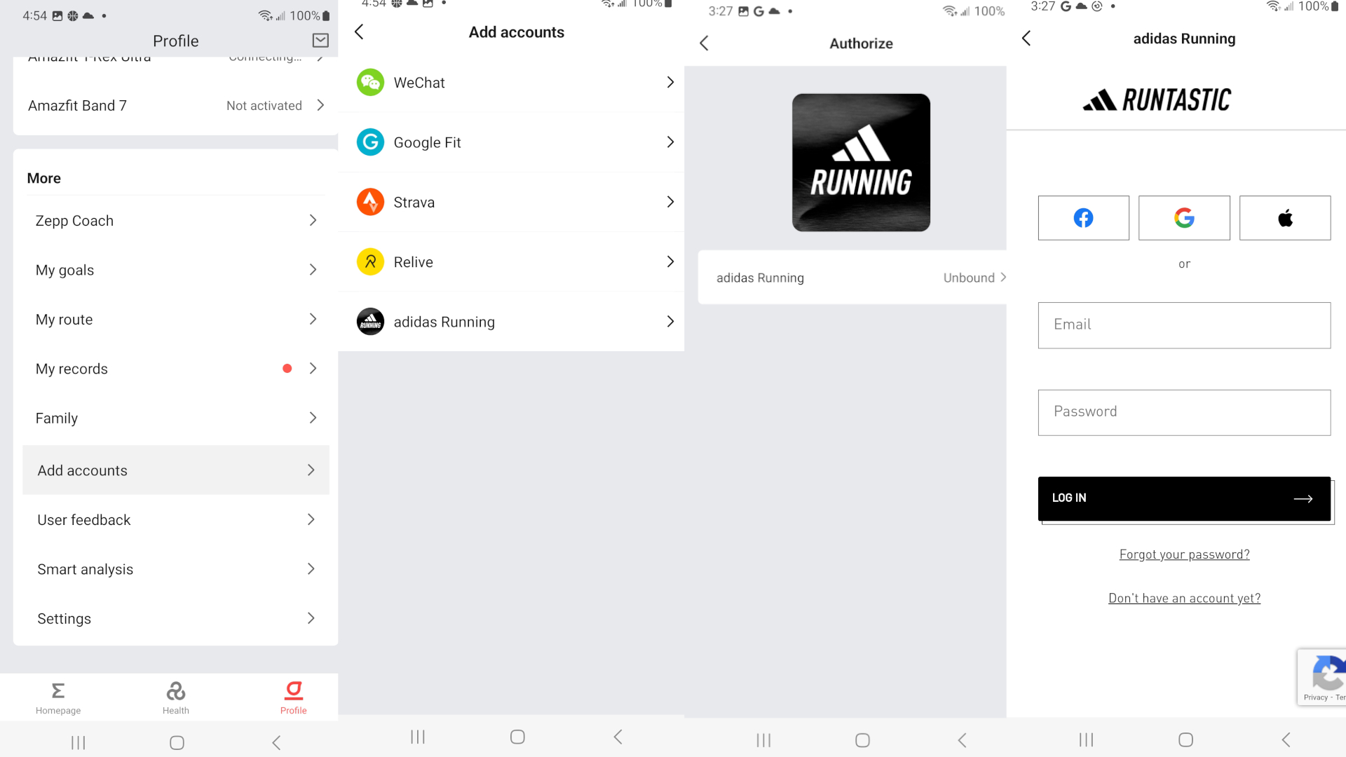 Screenshots showing how to sync Amazfit data with Adidas Running