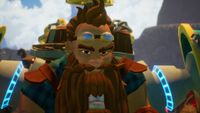 A dwarf wearing pilot goggles on top of a mech