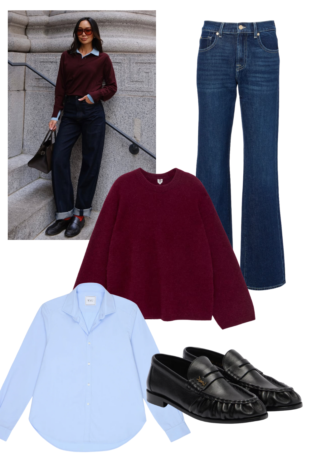 @linhniller wears jeans and burgundy jumper