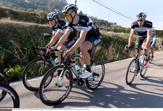 Tom Boonen chats with Alessandro Petacchi during the Omega Pharma-QuickStep training camp in Calpe.