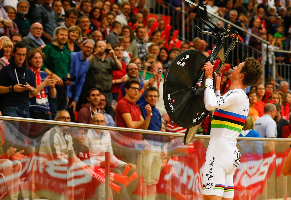 Stefan Kung (Switzerland) celebrates his individual pursuit win.