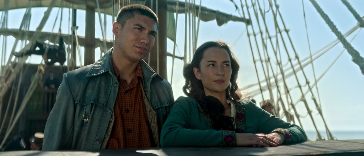 Mal and Alina stand a ship&#039;s bow in Shadow and Bone season 2