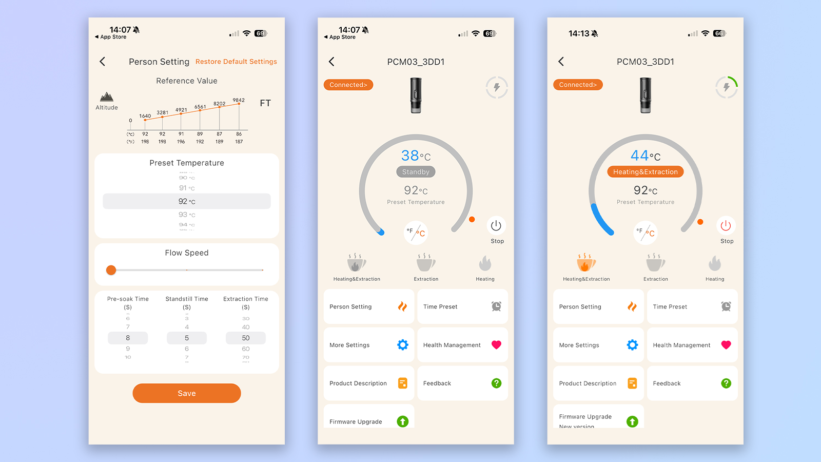 three screenshots from the ikape app showing espresso customization options with the kapo k2 pro