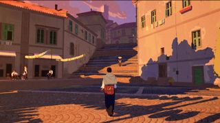 A boy walking through a town square in the game Season
