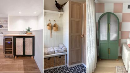 Collage showing three IKEA KALLAX hacks in a kitchen, bedroom and hallway