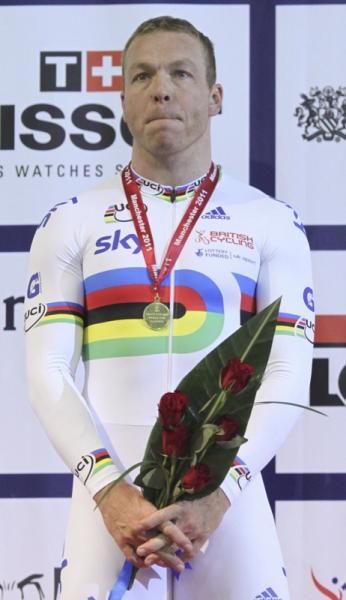 Chris Hoy (Team Sky) on the top spot on the podium for the men's keirin.