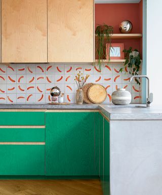 Colorful kitchen with tiles backsplash and green wood cabinet