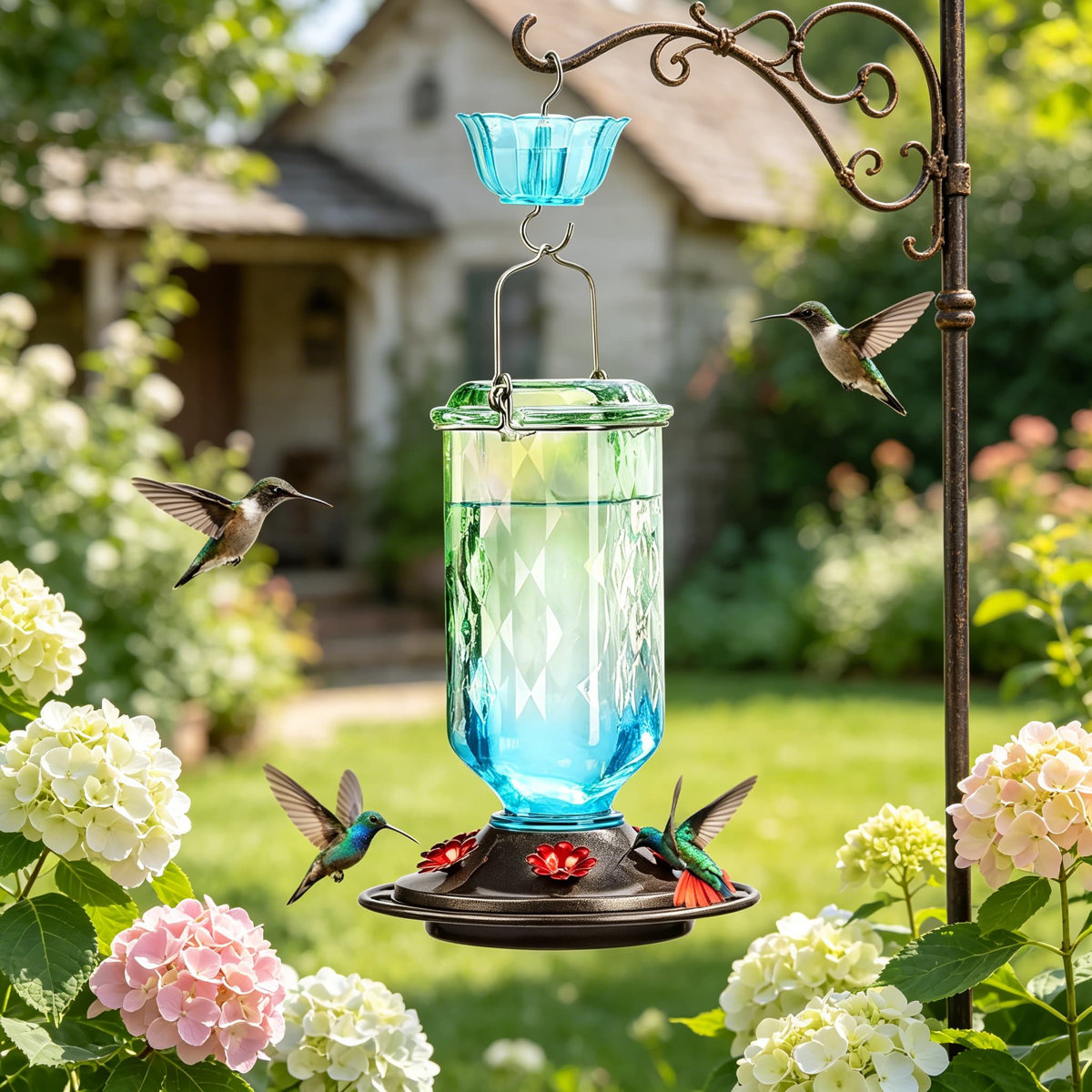 Arlmont &amp;amp; Co. Glass Hummingbird Feeder for Outdoor Hanging, 24 Oz Capacity, 6 Feeding Ports With Bee Guards, Leak-Proof Nectar Feeder for Garden D&amp;eacute;cor, Ant Moat Included | Wayfair