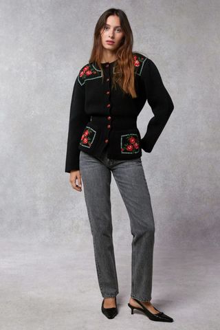 Iceland fashion - woman wearing embroidered floral cardigan