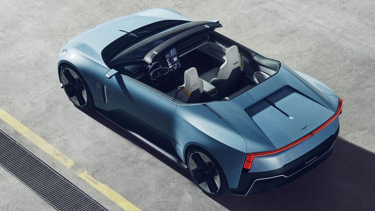 Angled view of the Polestar O2 from the rear, with the roof down