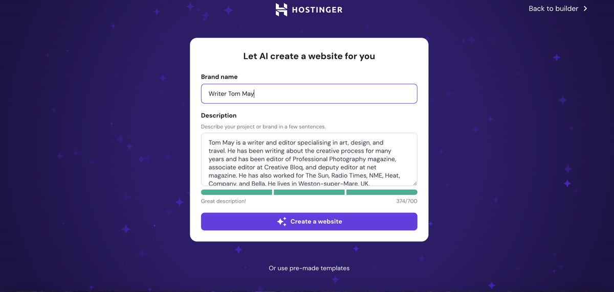 Screenshot of Hostinger Website Builder