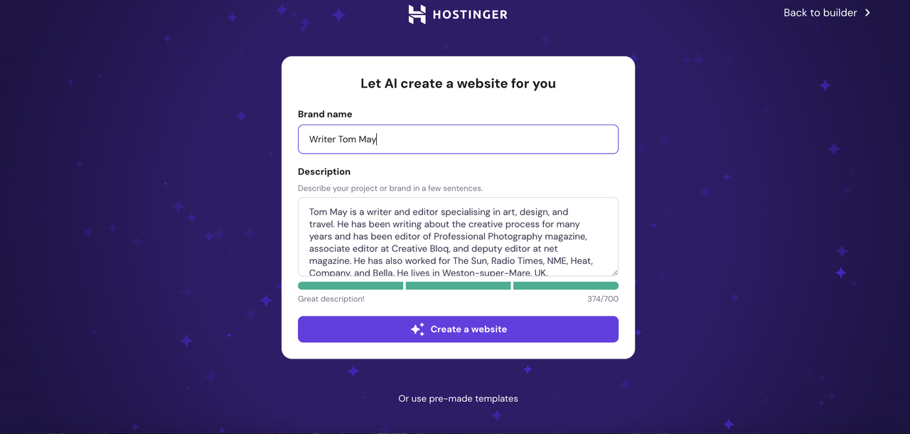 Screenshot of Hostinger Website Builder
