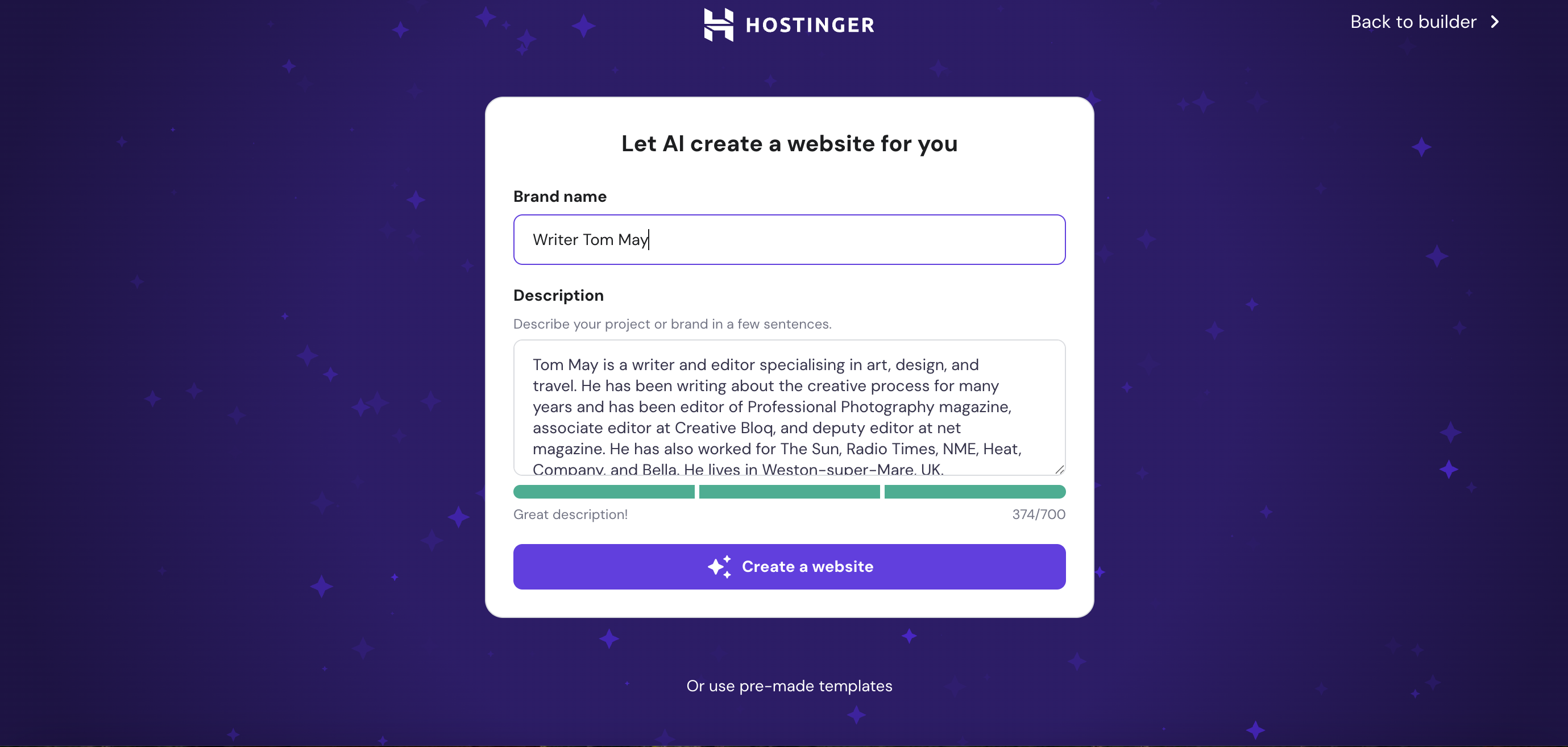 Screenshot of Hostinger Website Builder