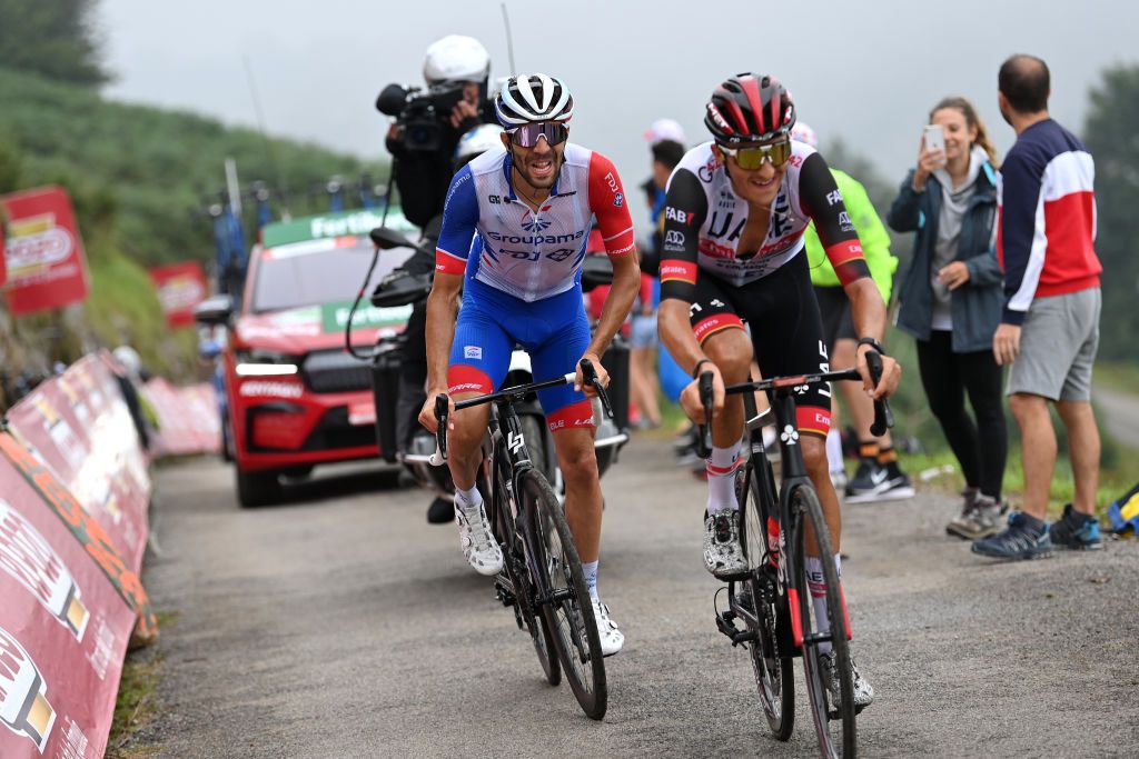 COLLU FANCUAYA SPAIN AUGUST 27 Thibaut Pinot of France and Team Groupama FDJ and Marc Soler Gimenez of Spain and UAE Team Emirates compete in the chase group during the 77th Tour of Spain 2022 Stage 8 a 1534km stage from Pola de Laviana to Collu Fancuaya 1084m LaVuelta22 WorldTour on August 27 2022 in Collu Fancuaya Spain Photo by Justin SetterfieldGetty Images